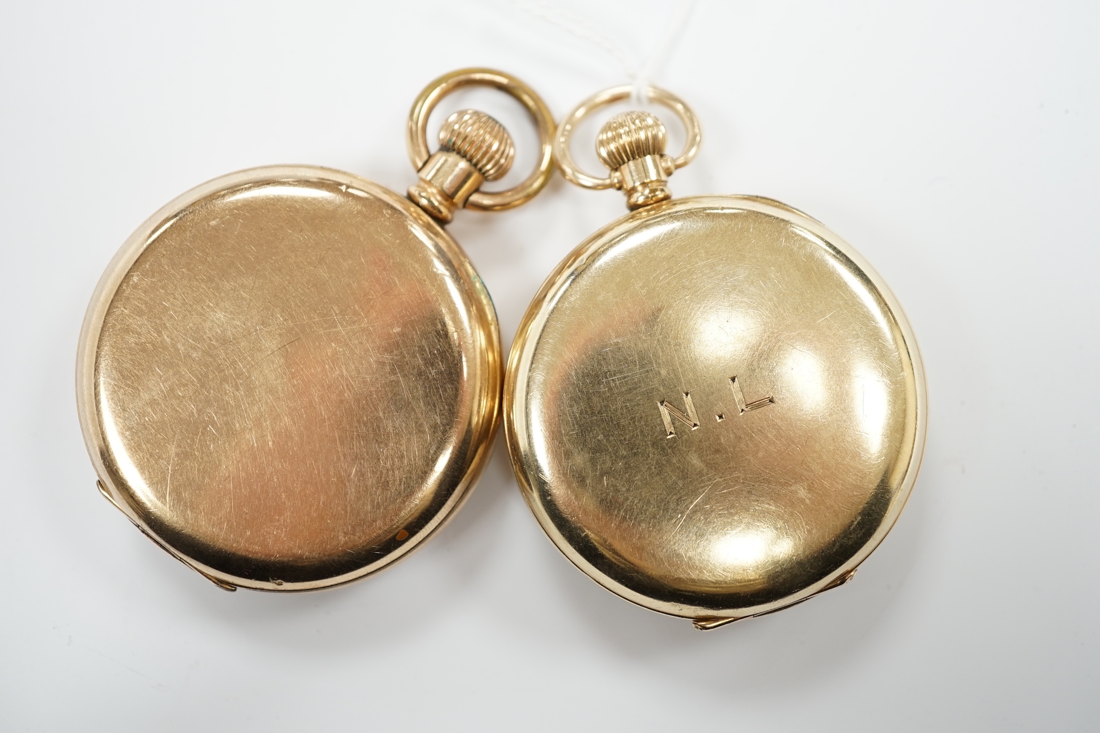 A gold plated Omega open faced pocket watch, with Roman dial and subsidiary seconds and a gold plated Waltham hunter pocket watch.